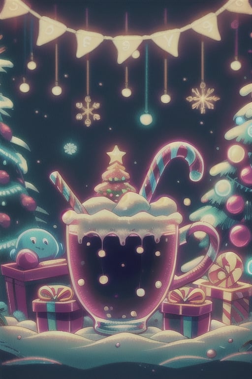 A cup of hot cocoa with marshmallows and a candy cane stirrer.,DonMN30nChr1stGh0sts,Chr457m45m3rg3D0nMN3M1C neon