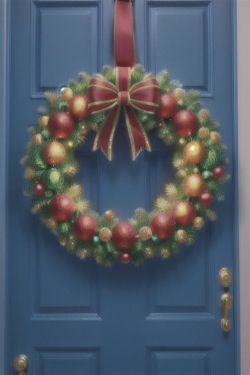 A Christmas wreath hanging on a front door.,DonMN30nChr1stGh0sts