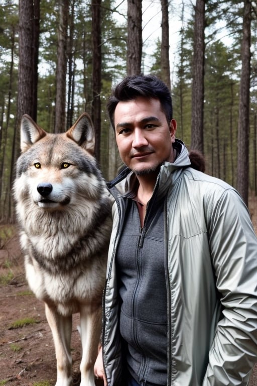 
photo, realistic man with wolves in forest, 50mm