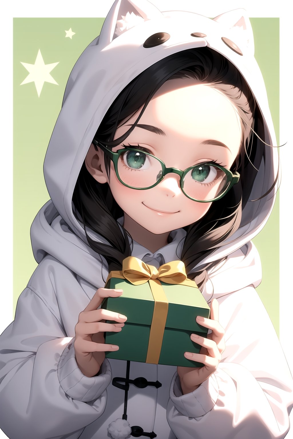 1 little girl wearing a white fluffy hooded coat smiles with a green gift box, twinkle star background, eyewear, forehead