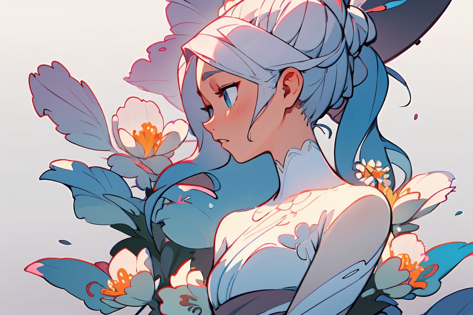 masterpiece, best quality, extremely detailed, Animated character, Female profile, Delicate features, Flowers in hair,Serene expression, Slightly downcast eyes, Soft skin texture, Ear visible, White attire, Subtle gradient background, High resolution, Realistic rendering.