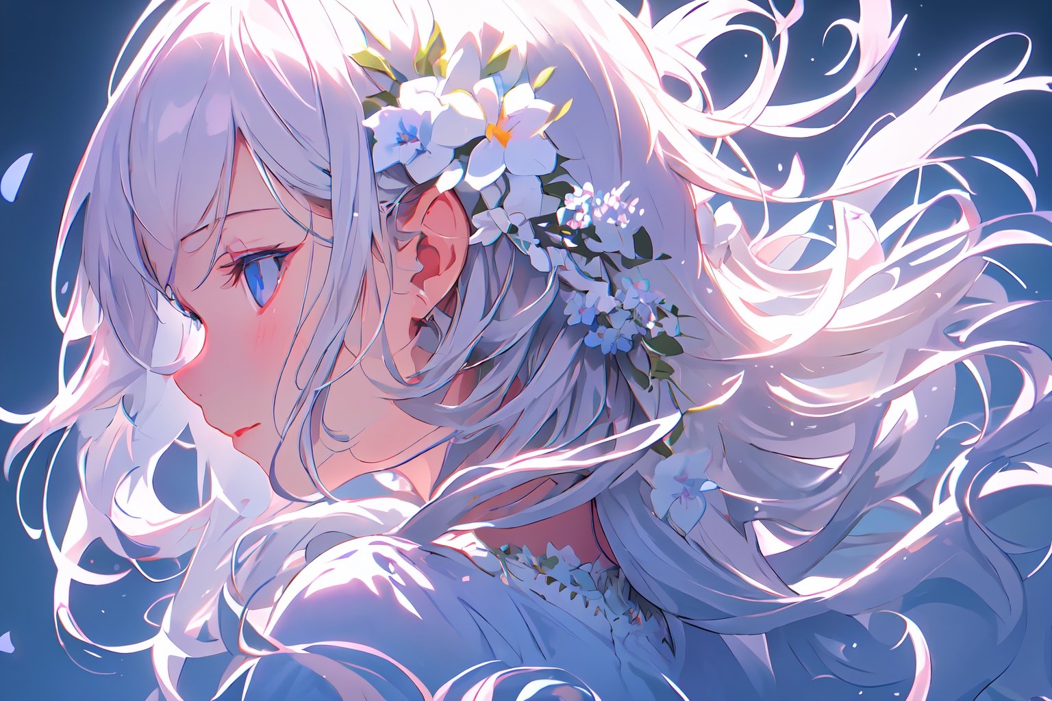 masterpiece, best quality, extremely detailed, Animated character, Female profile, Delicate features, Flowers in hair,Serene expression, Slightly downcast eyes, Soft skin texture, Ear visible, White attire, Subtle gradient background, High resolution, Realistic rendering.