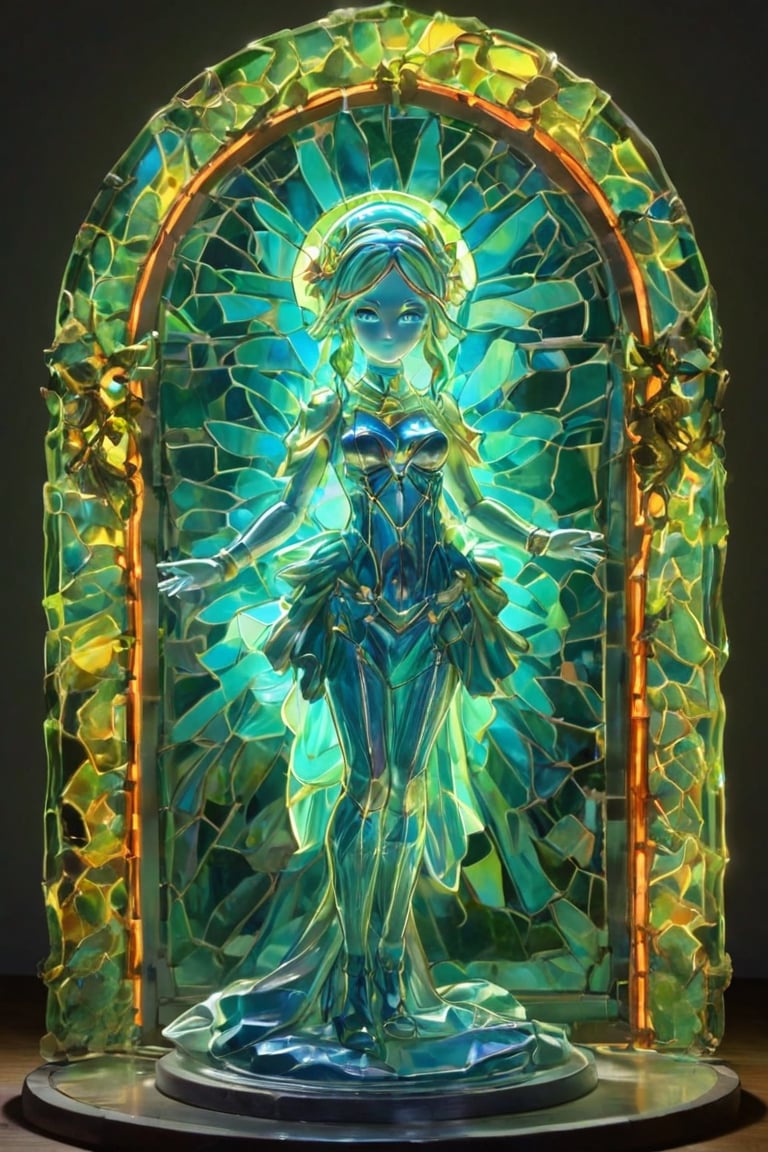 sss, A figurine of a woman made out of glass with a (neon sign:1.25) above her head. BREAK Full body shot with an iridescent stained glass background. Best quality score_9, with insane detail in a realistic anime style with vivid colors.