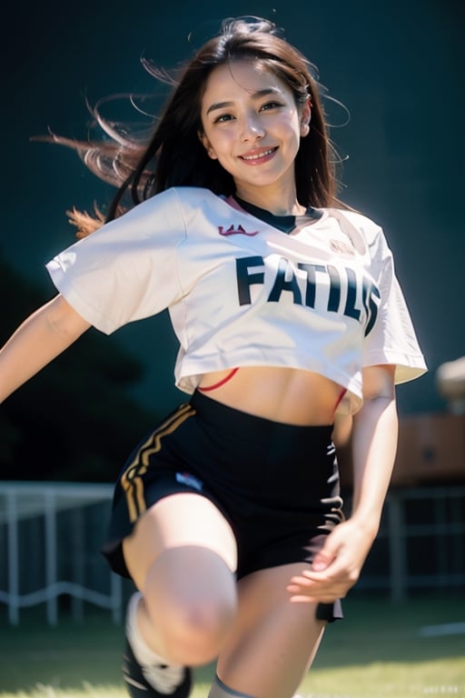 1woman, jumping dance , solo, flying long hair, looking at viewer, smile, simple background, white background, football  jersey shirt,  soft light, studio light

 (RAW Photo, Best Quality), (HDR: 1.4), 16K, Best Quality, Masterpiece, (Soft Color, Dull Color, Soothing Color tone: 0), fine details and textures, theater lens, wide-angle lens, warm color tone, natural field of view ratio, (gorgeous battlefield theme: 1.6), beauty, (chic appearance: 1.2),Extremely Realistic,