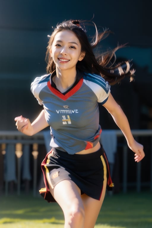 1woman, running forward pose, solo, flying long hair, looking at viewer, smile, simple background, white background, blue and white sports clothes and skirt, soft light, studio light

 (RAW Photo, Best Quality), (HDR: 1.4), 16K, Best Quality, Masterpiece, (Vivid Color: 1.4), High Contrast, (Vivid Color: 1.3), (Soft Color, Dull Color, Soothing Color tone: 0), theater lighting, ambient light, fine details and textures, theater lens, wide-angle lens, warm color tone, (bright and intense: 1.2), natural field of view ratio, (gorgeous battlefield theme: 1.6), beauty, (chic appearance: 1.2),Extremely Realistic,