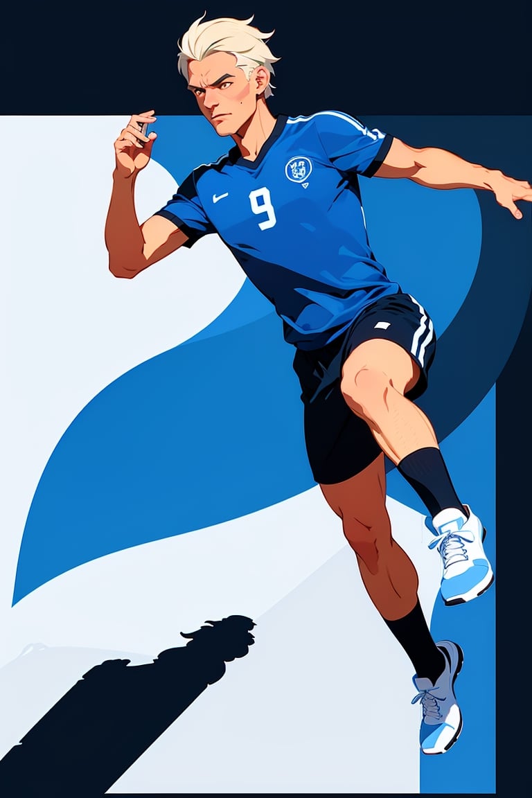 shadow flat vector art, 1man,handsome men, Shot Soccer Jump, Soccer Players, vasco jersey, man, frowning face, Portrait, Germany Male, blue jersey top and white short pants