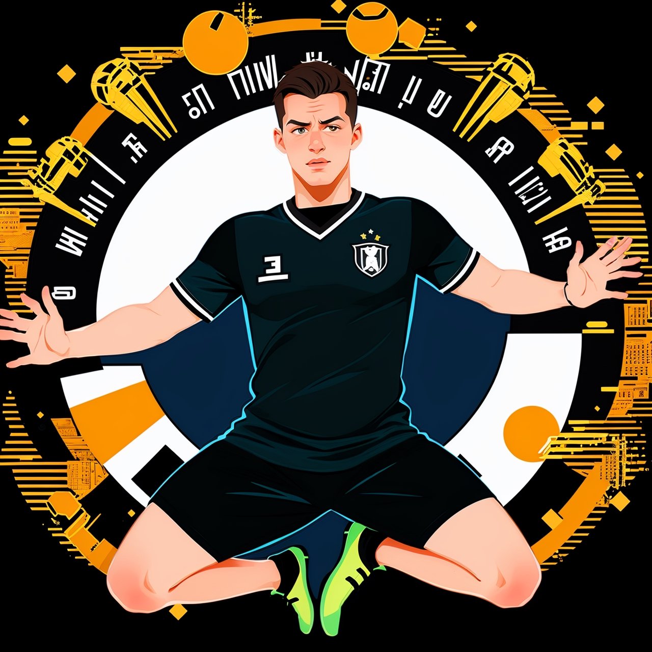 shadow flat vector art,1  young handsome men, Shot Soccer Jump, Germany Male Soccer Players, vasco jersey, man, frowning face,2D Flat Illustration