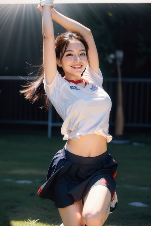 1woman, jumping dance , solo, flying long hair, looking at viewer, smile, simple background, white background, blue and white sports clothes and skirt, soft light, studio light

 (RAW Photo, Best Quality), (HDR: 1.4), 16K, Best Quality, Masterpiece, (Soft Color, Dull Color, Soothing Color tone: 0), fine details and textures, theater lens, wide-angle lens, warm color tone, natural field of view ratio, (gorgeous battlefield theme: 1.6), beauty, (chic appearance: 1.2),Extremely Realistic,