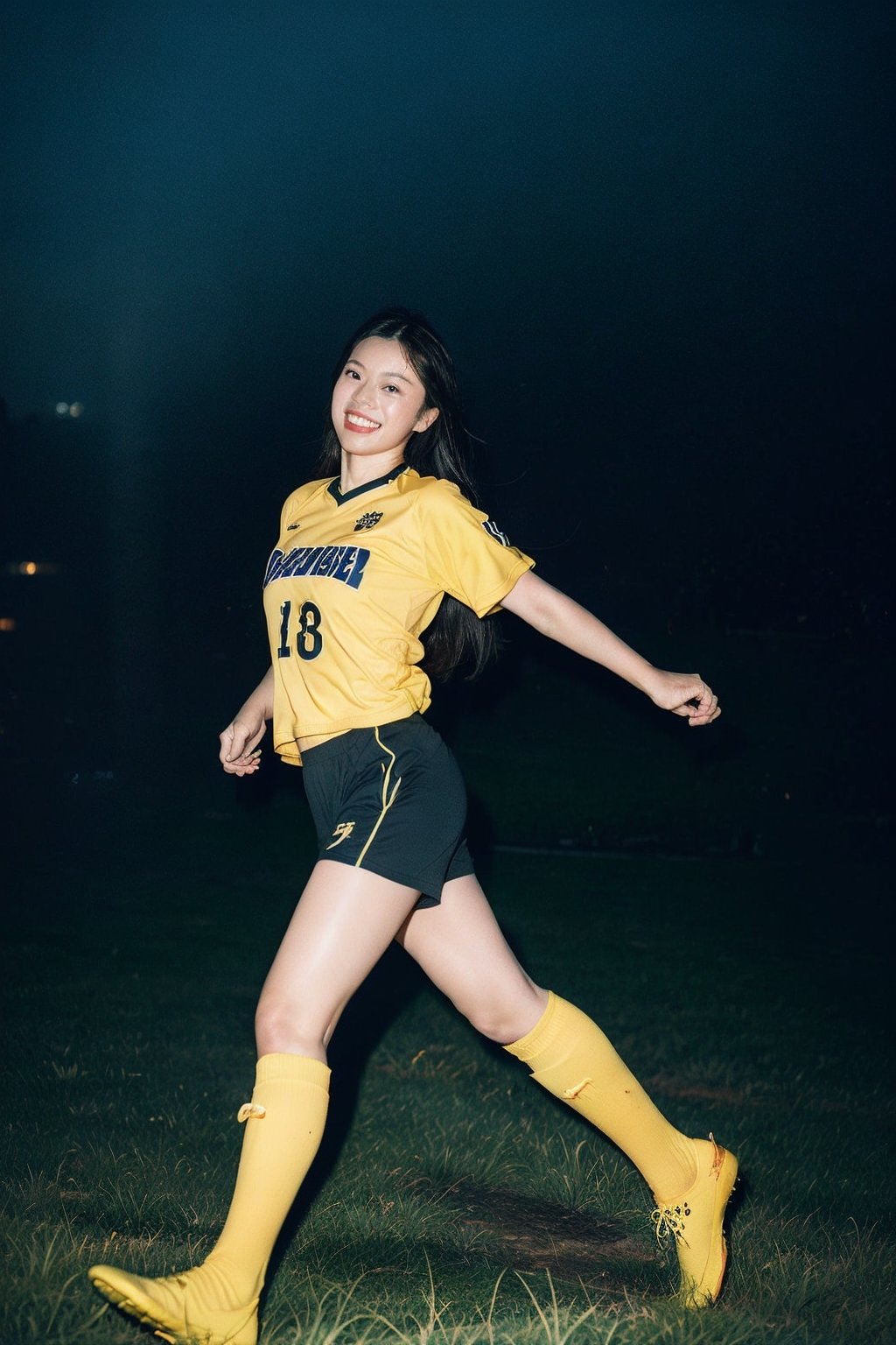 1woman, Asian mix European race woman, running dancing foward , solo, flying long hair, looking at viewer, smile, simple background, white background, white and navy blue soccer jersey and black shorts with yellow stripes on the side, soft light, studio light

 (RAW Photo, Best Quality), (HDR: 1.4), 16K, Best Quality, Masterpiece, (Soft Color, Dull Color, Soothing Color tone: 0), fine details and textures, theater lens, wide-angle lens, warm color tone, natural field of view ratio, (gorgeous battlefield theme: 1.6), beauty, (chic appearance: 1.2),Extremely Realistic,