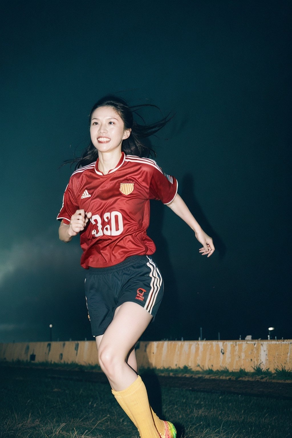 1woman, Asian mix European race woman, running foward , solo, flying long hair, looking at viewer, smile, simple background, white background, white and navy blue soccer jersey and black shorts with yellow stripes on the side, soft light, studio light

 (RAW Photo, Best Quality), (HDR: 1.4), 16K, Best Quality, Masterpiece, (Soft Color, Dull Color, Soothing Color tone: 0), fine details and textures, theater lens, wide-angle lens, warm color tone, natural field of view ratio, (gorgeous battlefield theme: 1.6), beauty, (chic appearance: 1.2),Extremely Realistic,