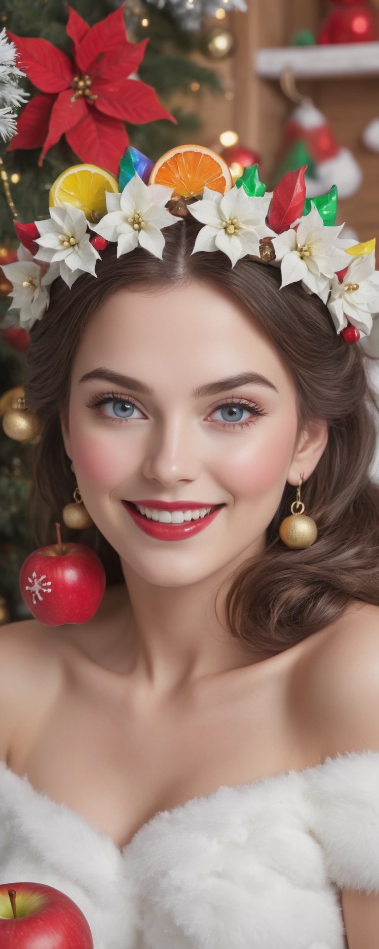 (best quality, masterpiece, ultra detailed, highres, 8k, RAW image),
a beautiful snow white, with an apple, rainbow scenary of a candy world in Christmas, eye contact  laughing, lipgloss,  poinsettia wreath, christmas tree with bells and apples, bliss, vibrant colors, 