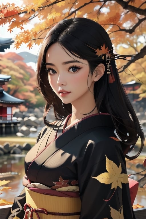 a beautiful young woman, black hair,  japanese ornate hairpin, brocade kimono, kyoto, outdoor, autumn, autumn leaves, fallen leaves, upper_body, photorealistic
