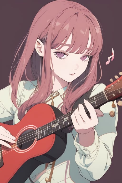 (1girl), a promissing musician, a beautiful woman playing the detailed guitar, beautiful intricate guitar, perfect strings, accurate string placement, looking at viewer,
close up, flat illustration,in only four colors, purplr background, a ncg