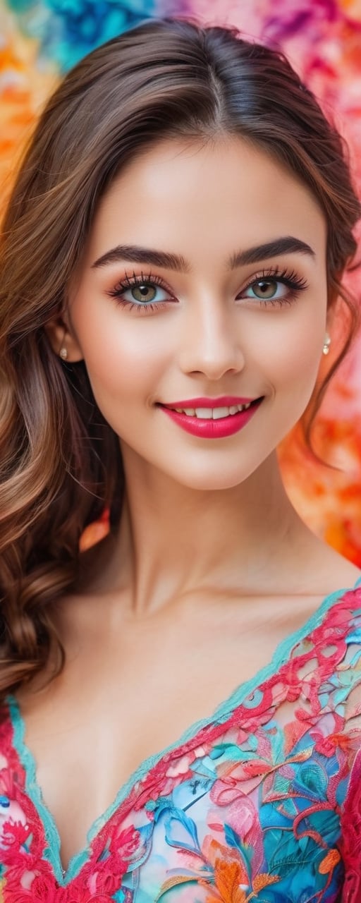 (best quality, masterpiece, ultra detailed, 8K, RAW photo), absurdres, a waist high portrait of a beautiful young woman, eye contact, well defined eyelashes, kind smile, lipgloss,vibrant colorful lacy outfits, beautiful and aesthetic,  ink, well lit watercolor background featuring abstract patterns,