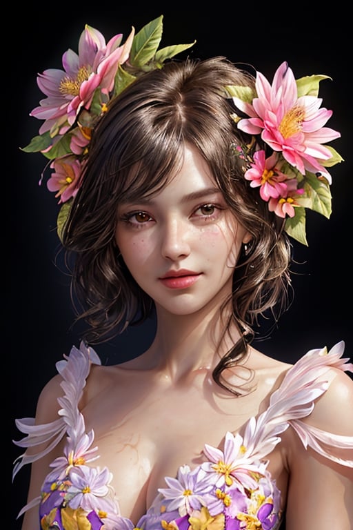 an upper body  portrait of beautiful young woman, looking at viewer, smirk, flowers, flower dress, colorful, dark holy background, flower armor, realist, flawless soft skin, skin detailed, pore, grain, breasts, art, detailed light,