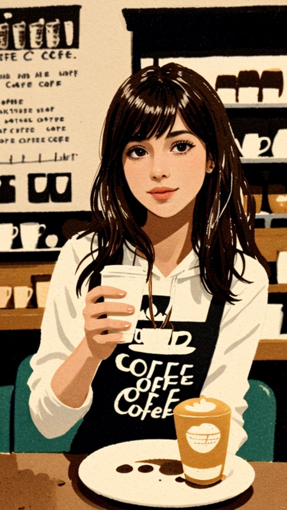 (best quality, masterpiece, ultra detailed, 8K, RAW photo), a watercolor painting of
a beautiful young woman having a drink in a coffee shop, dish of cakes on the table,(cute coffee shop:1.5),menu on the wall,,oversize hoodies,FML