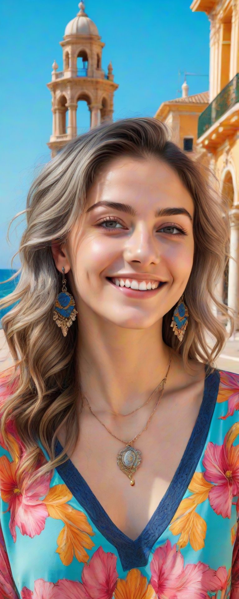 (best quality, masterpiece, top quality, highres, 8K), sharp focus, 
a hyperrealistic close up portrait of A beautiful young woman, grey eyes, flowly bright hair, lipgloss, well defined eyelashes, kind smile, realistic detailed floral shirts, colorful outfit, necklace, earrings, bliss vibes, in a bright mediterranean square, ornate architecture, seashore, epic sky, 