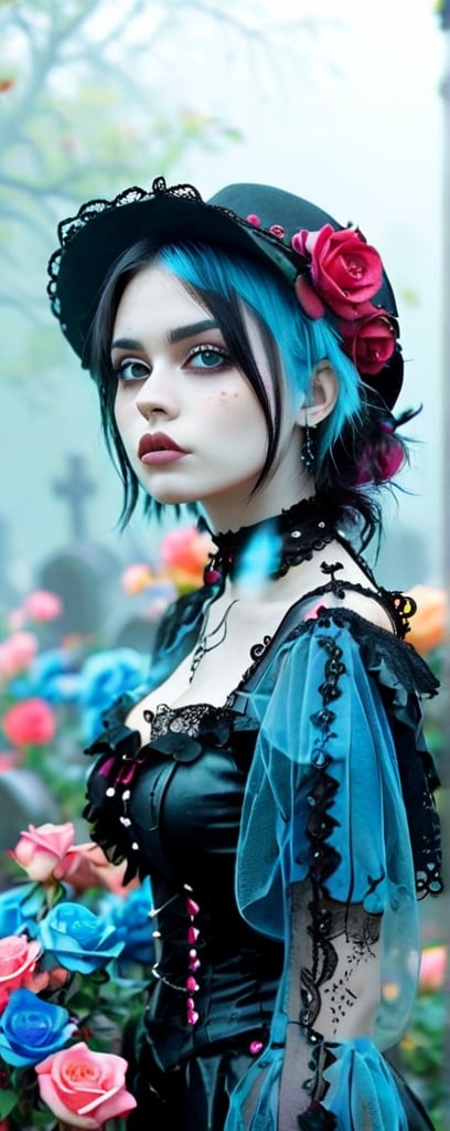 a beautiful young woman with Gothic fasion in a graveyard with azure roses, foggy, puffy, puffy cheeks, cute,
vibrant colors, colorful art style,
soft lighting, soft shadows, detailed textures, dynamic lighting, high camera, cowboy shot, 
nice hands, perfect hands, dark eyes, looking up at viewer, high camera,photo_b00ster