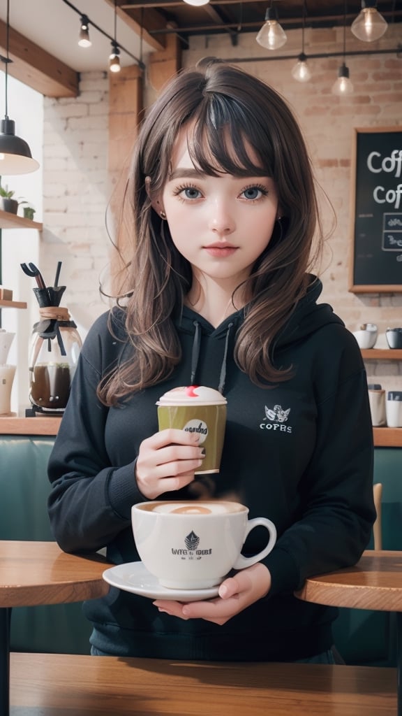 (best quality, masterpiece, ultra detailed, 8K, RAW photo), 
a beautiful young woman in a coffee shop, having a cup of coffee, dish of cakes on the table,(cute coffee shop:1.5),menu on the wall,realitic detailed oversize hoodies,a ncg,High detailed , realistc detailed cup, perfect coffee cup,