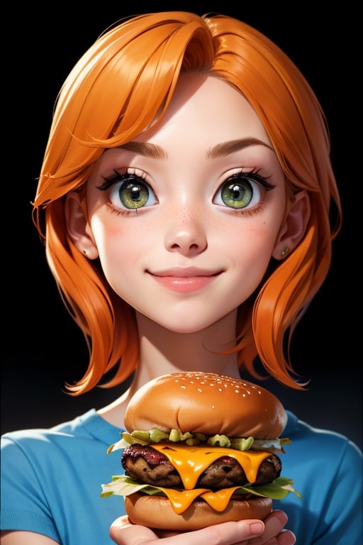A beautiful gir, blonde short hair, smilling holding a burger