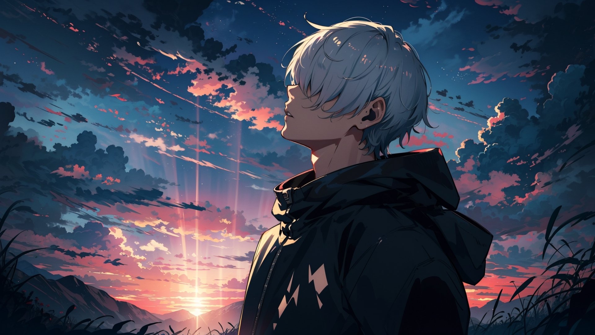 cute shota, (solo), (long_dynamic_hooded_jacket), (white hair), (upper_body), Looking viewer, (epic sky:1.5), KanekiMeme, looking up, hair over eyes, natural lighting, soft lighting, sunlight, HDR (High Dynamic Range), Maximum Clarity And Sharpness, Multi-Layered Textures, midnight, masterpiece, best quality,