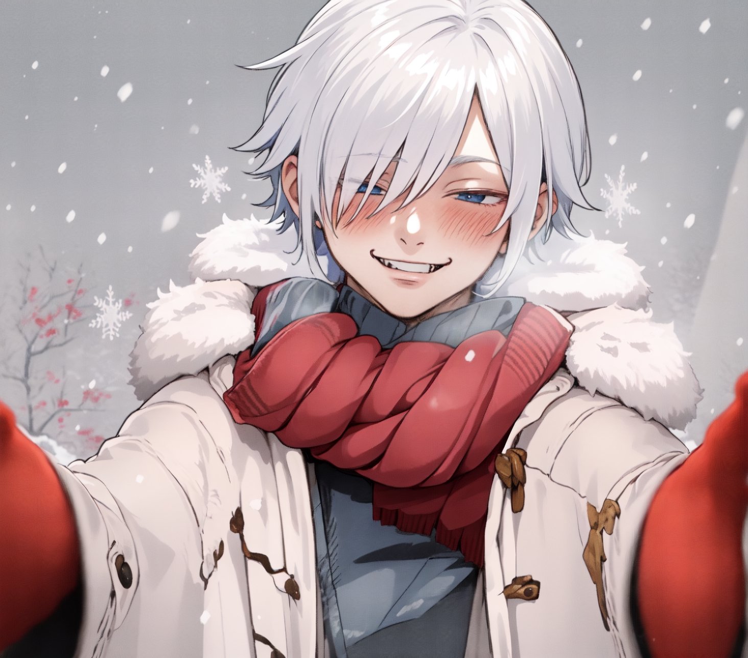 gojo satoru, masterpiece, best quality, 1boy, evil smile, hair over eyes, white hair, IncrsChkWarmingMeme, pov, red scarf, winter clothes, evil smile, blush,