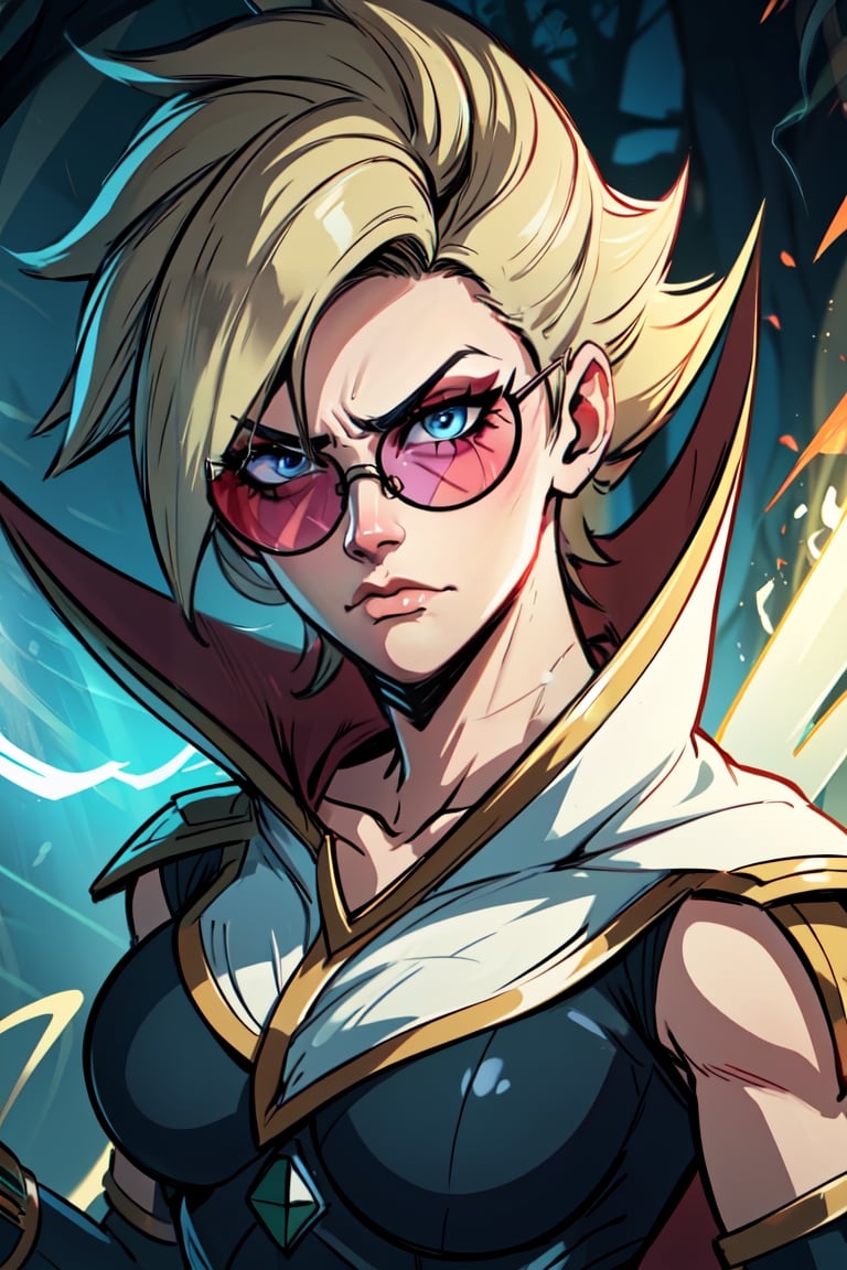 vayneSoL, 1girl, solo, upper_body, short hair, sunglasses, round_eyewear, blue eyes, looking_at_viewer, frown, SuperSaiyan, blonde hair, super saiyan, spiked hair, aura, electricity, (masterpiece:1.2), best quality, ultra detailed, 8k, 4k, intricate, (highly detailed:1.2), (detailed face:1.2), detailed background, black bodysuit, (neckline:1.2), (v-neck:1.2), white cape, fingerless_gloves, breasts, toned, sky night background, out of forest, ((surrounded by electric rays:1.2), (electric aura:1.2))