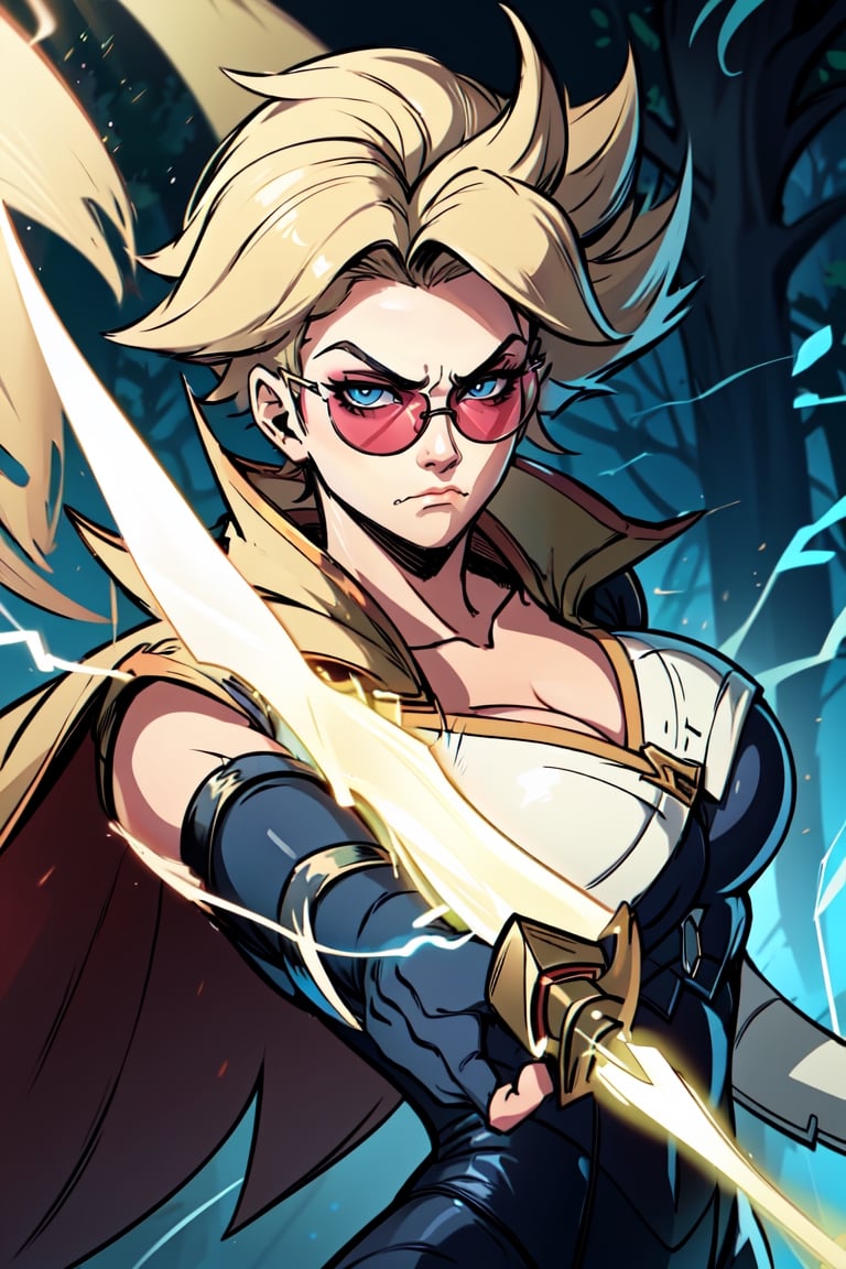 vayneSoL, 1girl, solo, upper_body, short hair, sunglasses, round_eyewear, blue eyes, looking_at_viewer, frown, SuperSaiyan, blonde hair, super saiyan, spiked hair, aura, electricity, (masterpiece:1.2), best quality, ultra detailed, 8k, 4k, intricate, (highly detailed:1.2), (detailed face:1.2), detailed background, black bodysuit, (neckline:1.2), (v-neck:1.2), white cape, fingerless_gloves, breasts, toned, sky night background, out of forest, ((surrounded by electric rays:1.2), (electric aura:1.2))