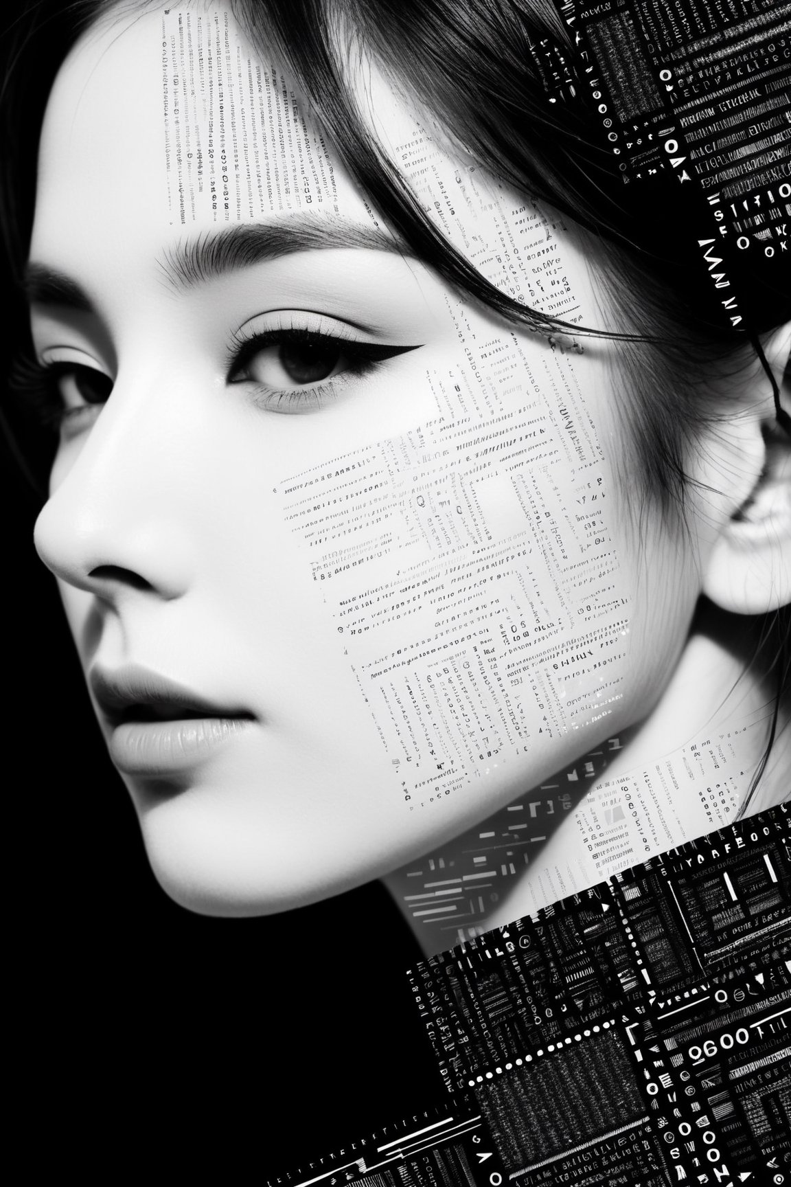1girl,portrait composed of typographical elements,ASCII art aesthetic,monochrome,intricate details,creative use of letter shapes and negative space,high contrast,post-digital,