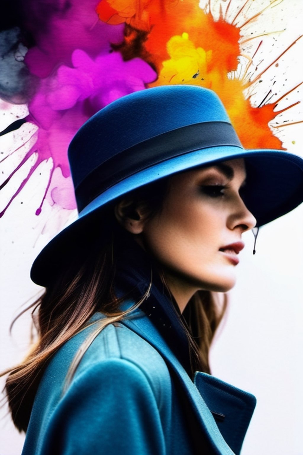 (ink color portrait:1.1), wanderer in a moody street portrait, a stylish determined woman in a trench coat and hat, (abstract color ink splash explosion:1.2)