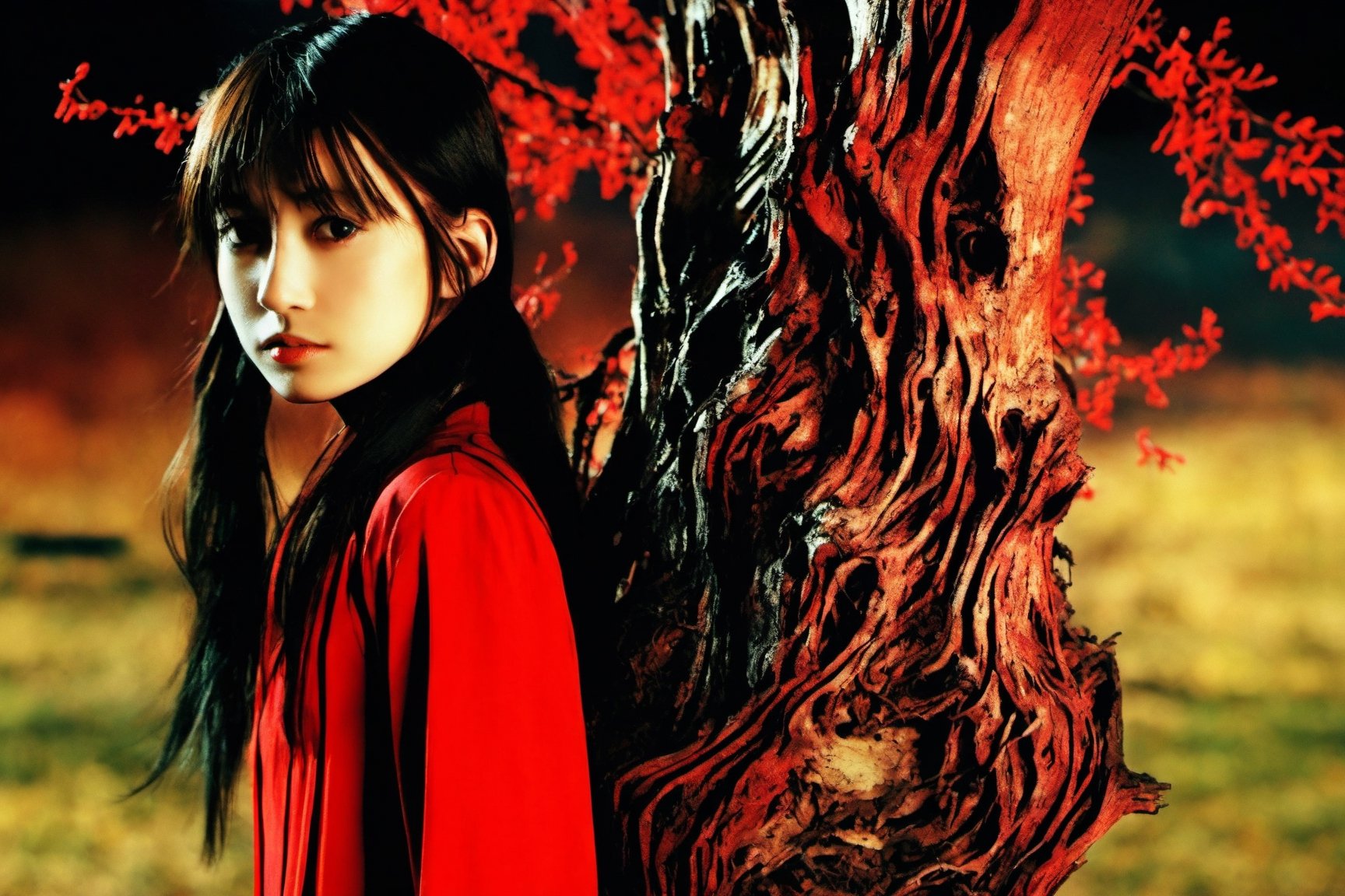 masterpiece, best quality, close up,girl standing under the dead tree, half body,black and red palette, eerie,mggirl