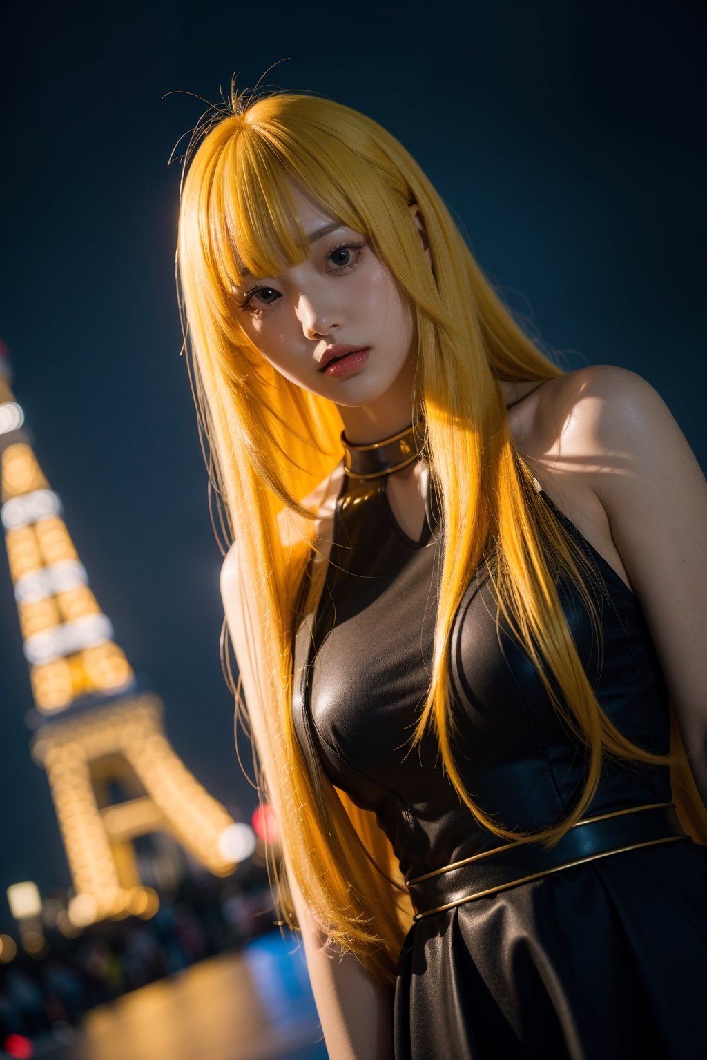 1girl,  long yellow hair, (bangs:1.2),  half body,  showcase,  Tokyo tower,  Night,  low key lighting,  dutch angle,  , FilmGirl, mggirl, Mecha body, dream_girl, xxmixgirl
