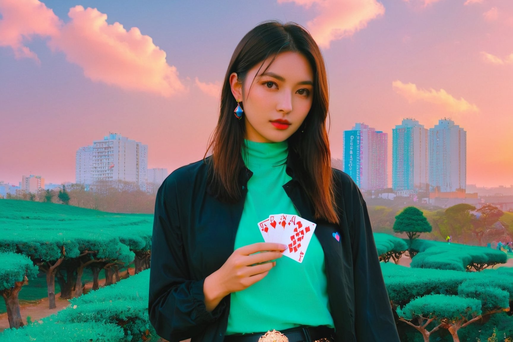 1girl, magician, show a deck of card, ace of spade,aw0k euphoric style