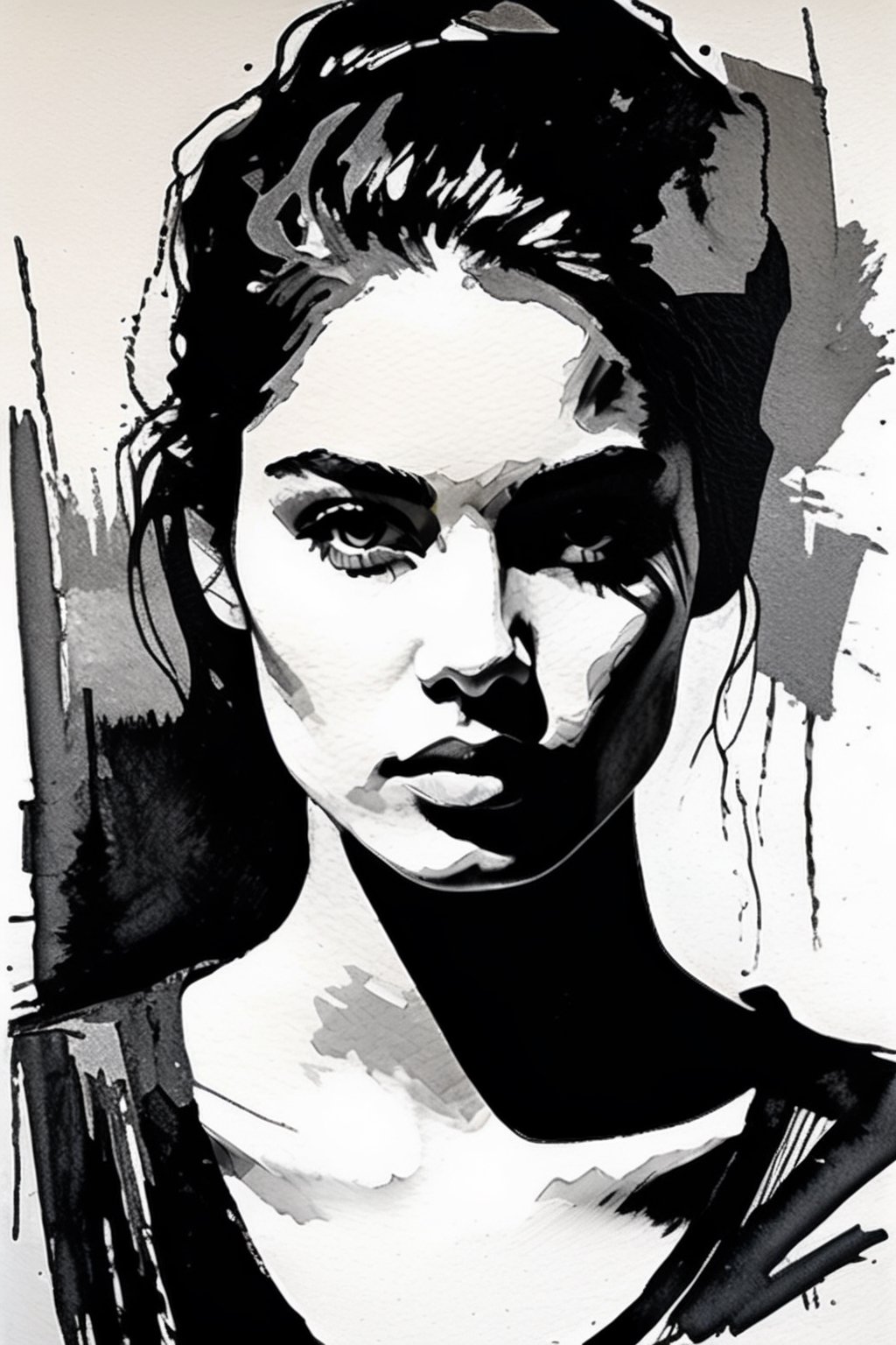 a drawing of a woman, portrait, lookin at the camera, black and white, hints of oil painting style, hints of watercolor style, brush strokes, negative white space, captivating beauty, crisp, sharp, textured collage, layered fibers, post-impressionist, hyper-realism, 