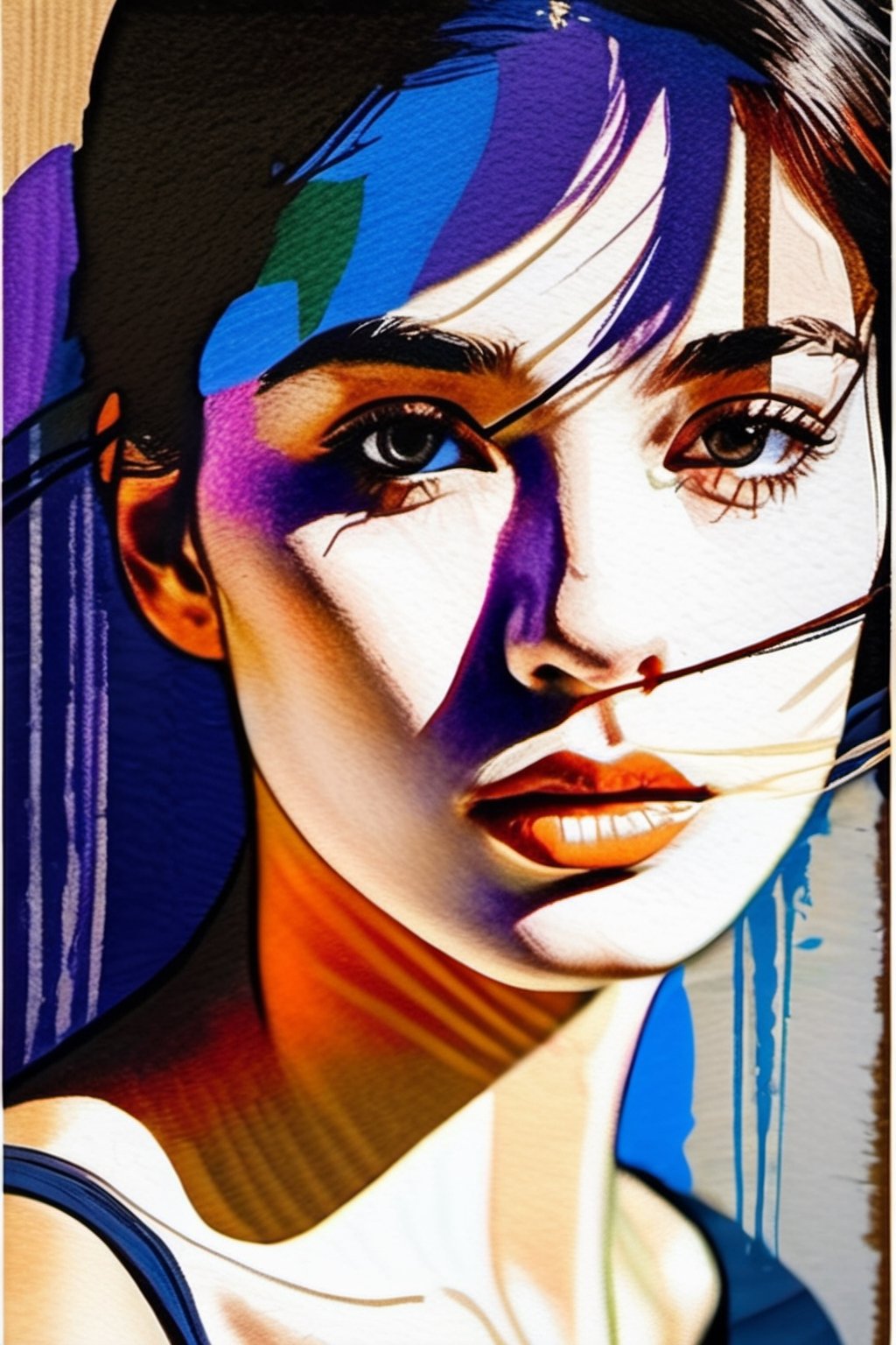 a drawing of a woman, portrait, lookin at the camera, colorful, hints of oil painting style, hints of watercolor style, brush strokes, negative white space, captivating beauty, crisp, sharp, textured collage, layered fibers, post-impressionist, hyper-realism, 