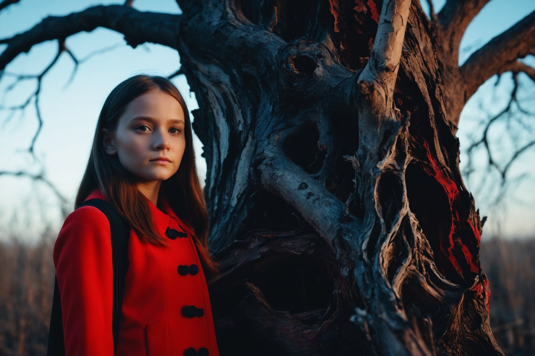 masterpiece, best quality, close up,girl standing under the dead tree, half body,black and red palette, eerie,