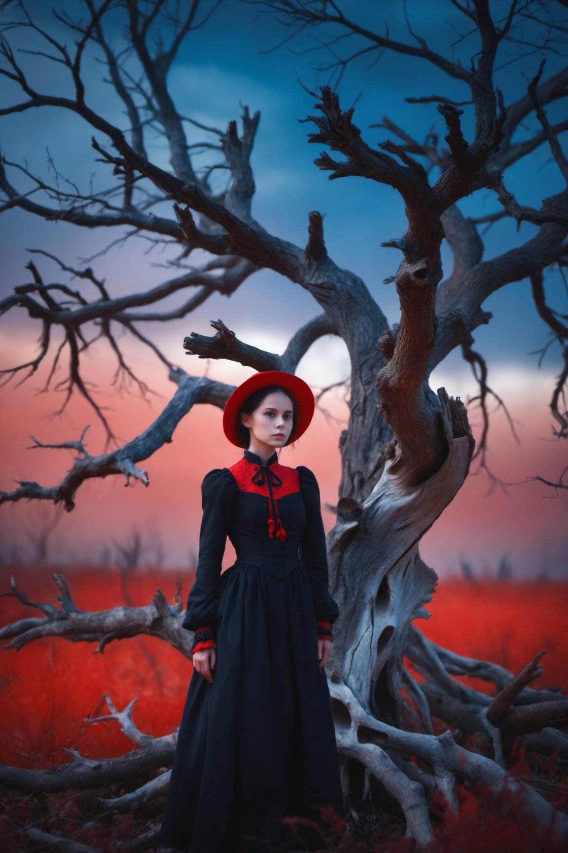 masterpiece, best quality, girl standing under the dead tree, half body,black and red palette, eerie,