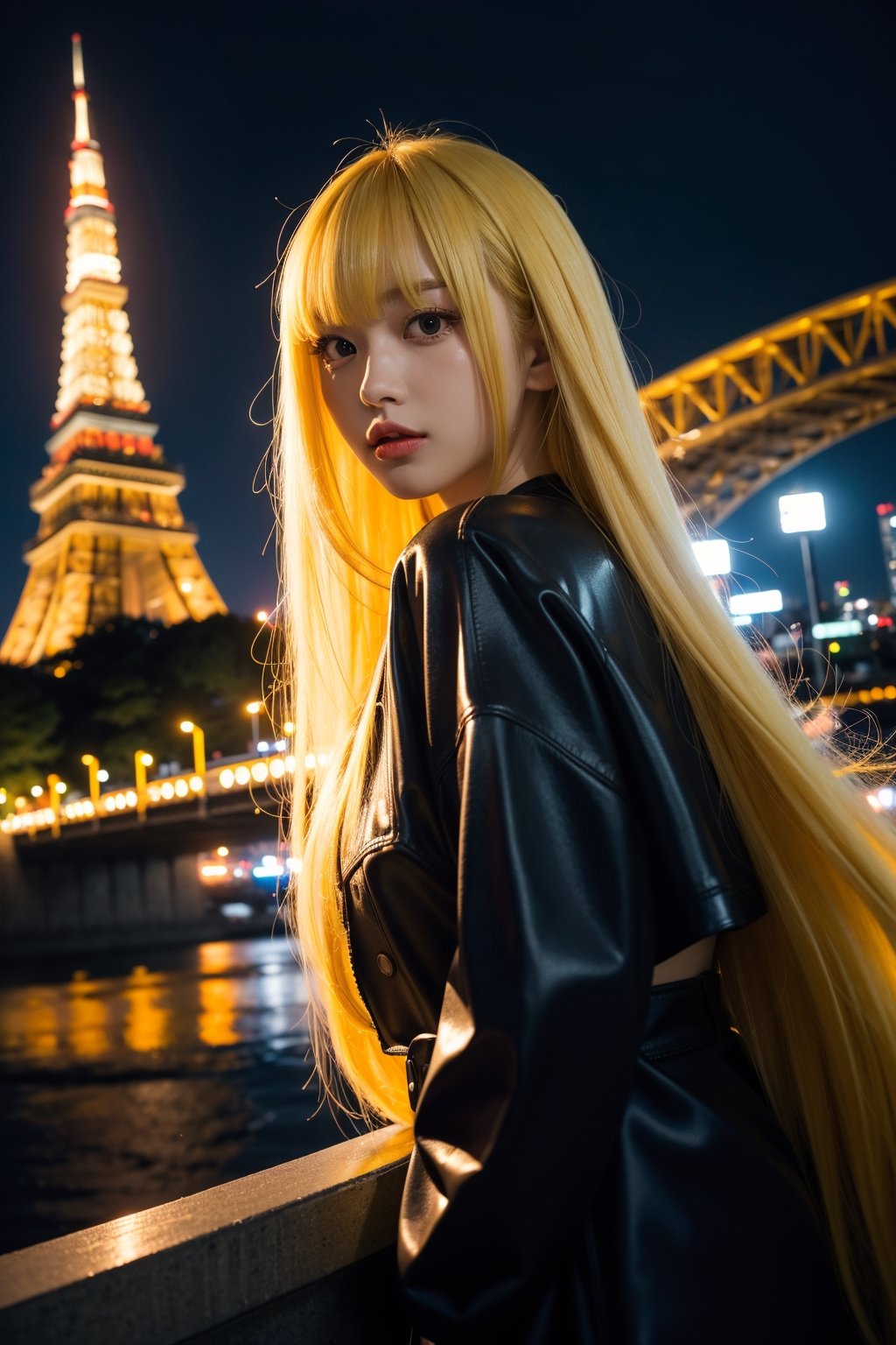 1girl,  long yellow hair, (bangs:1.2),  half body,  showcase,  Tokyo tower,  Night,  low key lighting,  dutch angle,  , FilmGirl, mggirl, Mecha body, dream_girl, xxmixgirl
