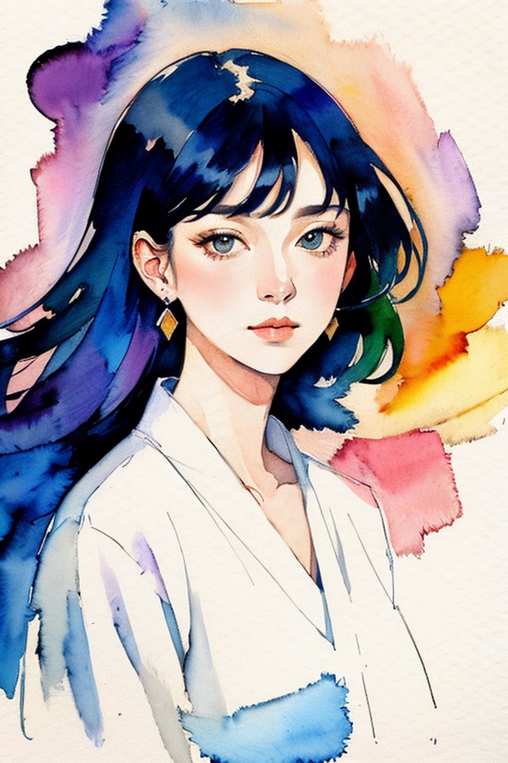 a drawing of a woman, portrait, lookin at the camera, colorful, hints of oil painting style, hints of watercolor style, brush strokes, negative white space, captivating beauty, crisp, sharp, textured collage, layered fibers, post-impressionist, hyper-realism, 