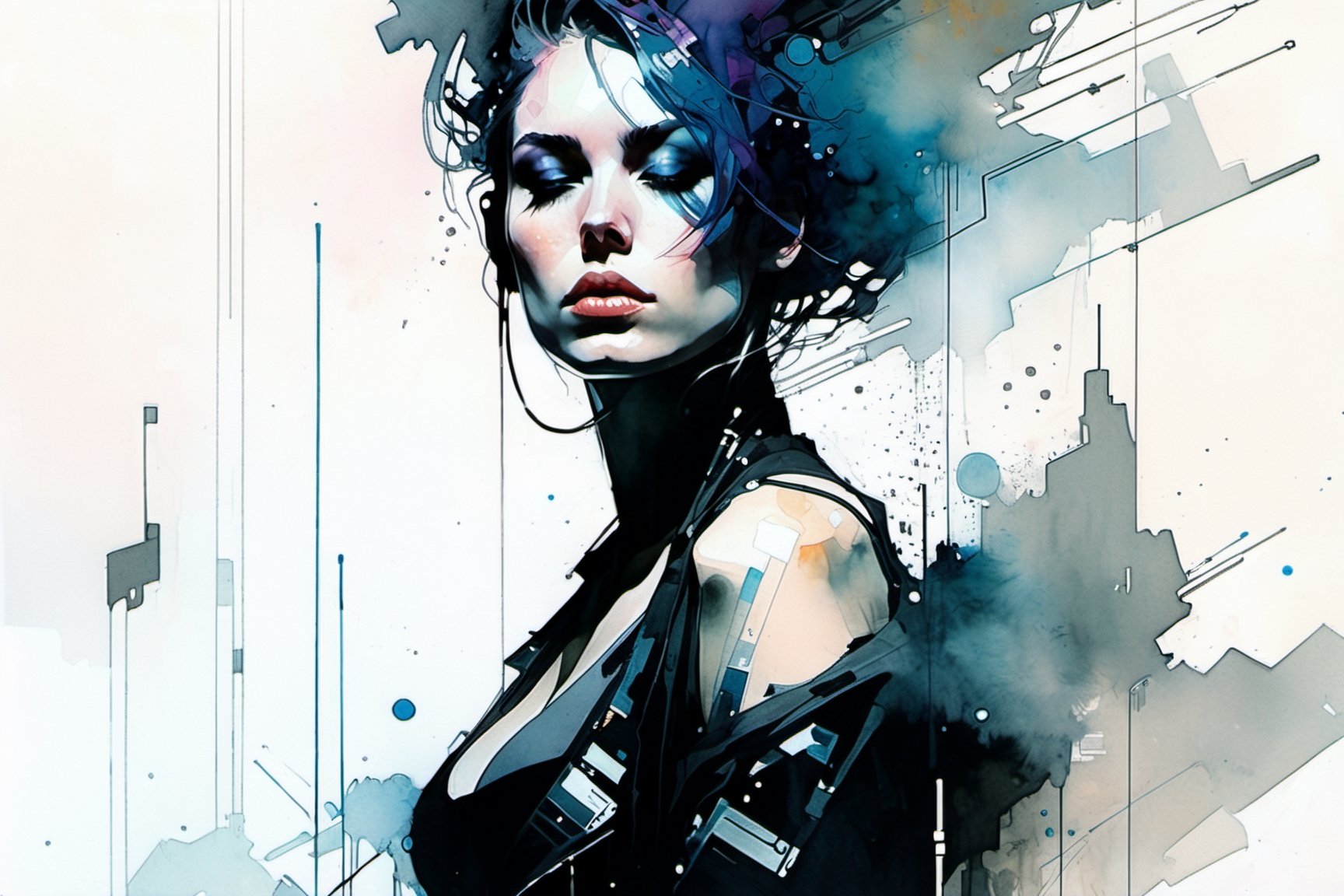 1girl, cyberpunk ,big_breasts, art by Agnes Cecile, by Jeremy Mann, 35mm, floating dust,more detail XL,,Vogue