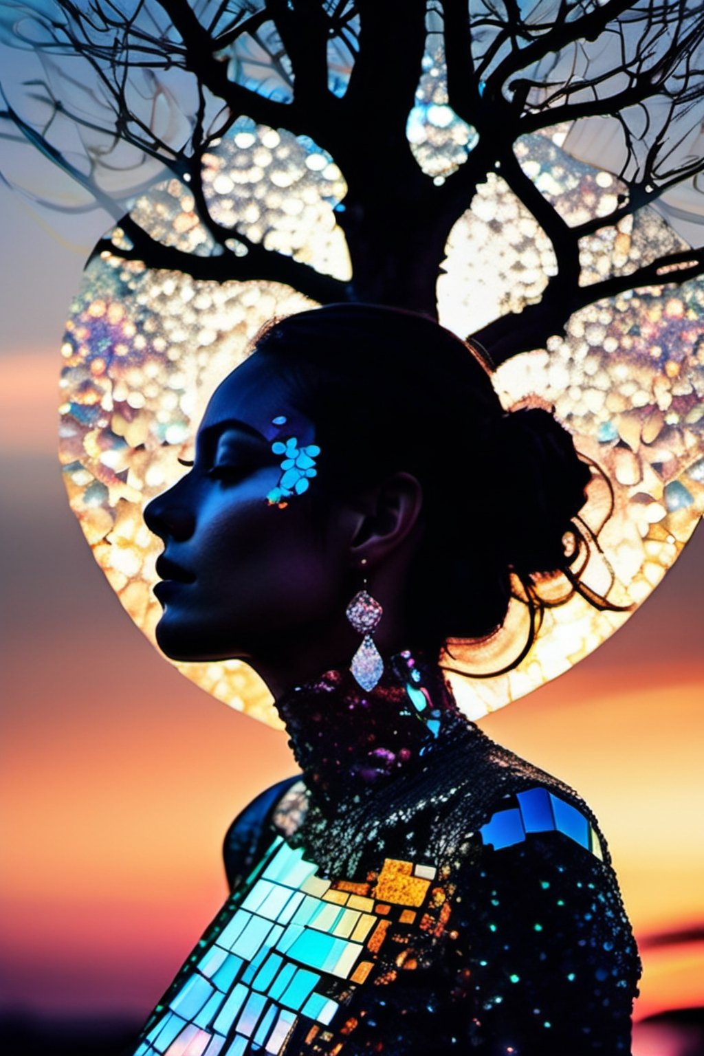 (Double exposure:1.3) photo of a noble lady made of mosaic of iridescent crystal glass with sub scattering mirror surface imposing onto transparent tree hollow trunk in living brocade underbust dress made out of flowers, bokeh sky by Peter Gric, Conrad Roset, Brandon Kidwell, Andreas Lie, Dan Mountford, Dan Witz, Agnes Cecile, Jeremy Mann, fine art, super dramatic moonshine, silhouette photoillustration, amazing depth, intricate detailed fine cracked surface, stunning atmosphere, mesmerizing whimsical vibrant scenery, complex masterwork by head of prompt engineering,