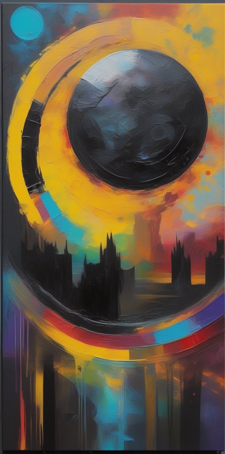  traces of a wide dry brush, oil paint, high-energy, dark gothic Acrylic painting abstract illustration, dark fantasy art. vibrant colors, dynamic compositions combined with geometric shapes. vibrant colors and  , back ground shows  a gaint sun during a  eclipse, yellow sun with black circle covering middle, a rainbow of colors surrond the sky into the  black canvas