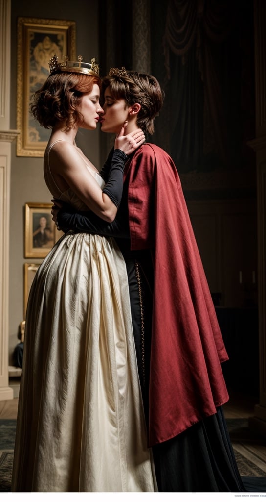 hyper-realistic, Jessica Chastain and Natalia Dyer, wearing a flowing black royal dress with gold trim, plunging neckline, wearing a long flowing black cape, wearing an intricate royal crown, kissing eachother, in a castle, stern facial expression, kubrick stare, holding a scepter, pressing bodies against eachother, orgasm face, sex, lesbian, love, caressing, undressing eachother,