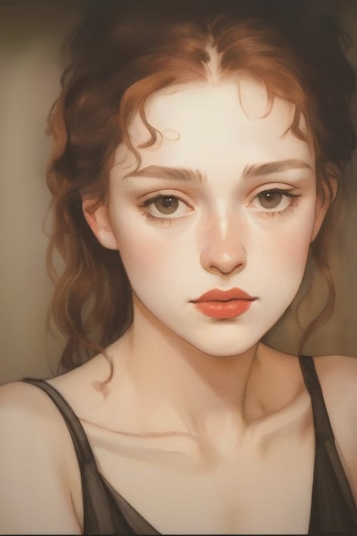 (Best quality, High quality, masterpiece, Artistic, Artistic painting, Painting Naturally, Modernism art, Watercolor, watercolor pencil painting, ligne_claire, Illustration), bare shoulder, 1 girl, deep v neck dress, (Painted by 3 person that is Egon Schiele and Pablo Picasso and John Barkey), stylized art,