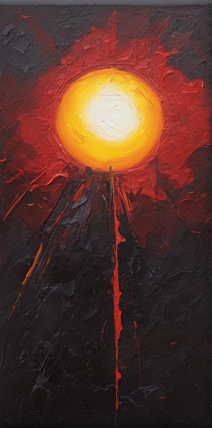  traces of a wide dry brush, oil paint, high-energy, Acrylic painting abstract illustration, dark fantasy art. vibrant colors, dynamic compositions combined with geometric shapes. vibrant colors and  ,  high above in the sky image of  a small  sun with a black hand eclipses the sun, a rainbow of colors surrond the sky into the  black canvas sky, sun overlooking the shadow of a ruined city