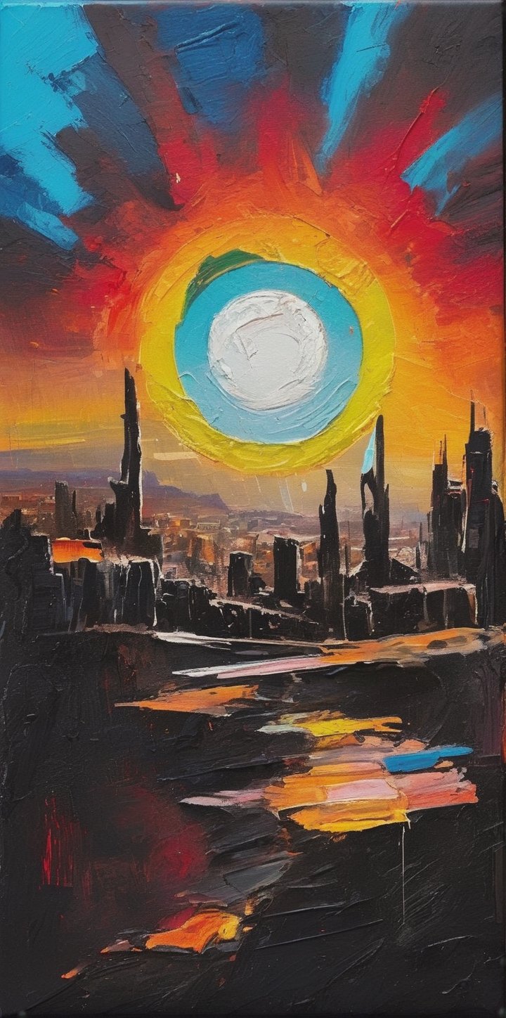  
high above in the sky image of a small sun with a black hand over shadows sun the sun, a rainbow of colors surrond the sky into the black canvas sky, sun overlooking the shadow of a ruined city


traces of a wide dry brush, oil paint, high-energy, Acrylic painting abstract illustration, dark fantasy art. vibrant colors, dynamic compositions combined with geometric shapes. vibrant colors and  ,  