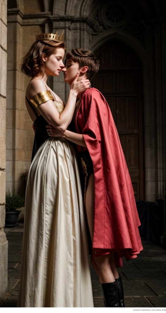 hyper-realistic, Jessica Chastain and Natalia Dyer, wearing a flowing black royal dress with gold trim, plunging neckline, wearing a long flowing black cape, wearing an intricate royal crown, kissing eachother, in a castle, stern facial expression, kubrick stare, holding a scepter, pressing bodies against eachother, orgasm face, sex, lesbian, love, caressing, undressing eachother,