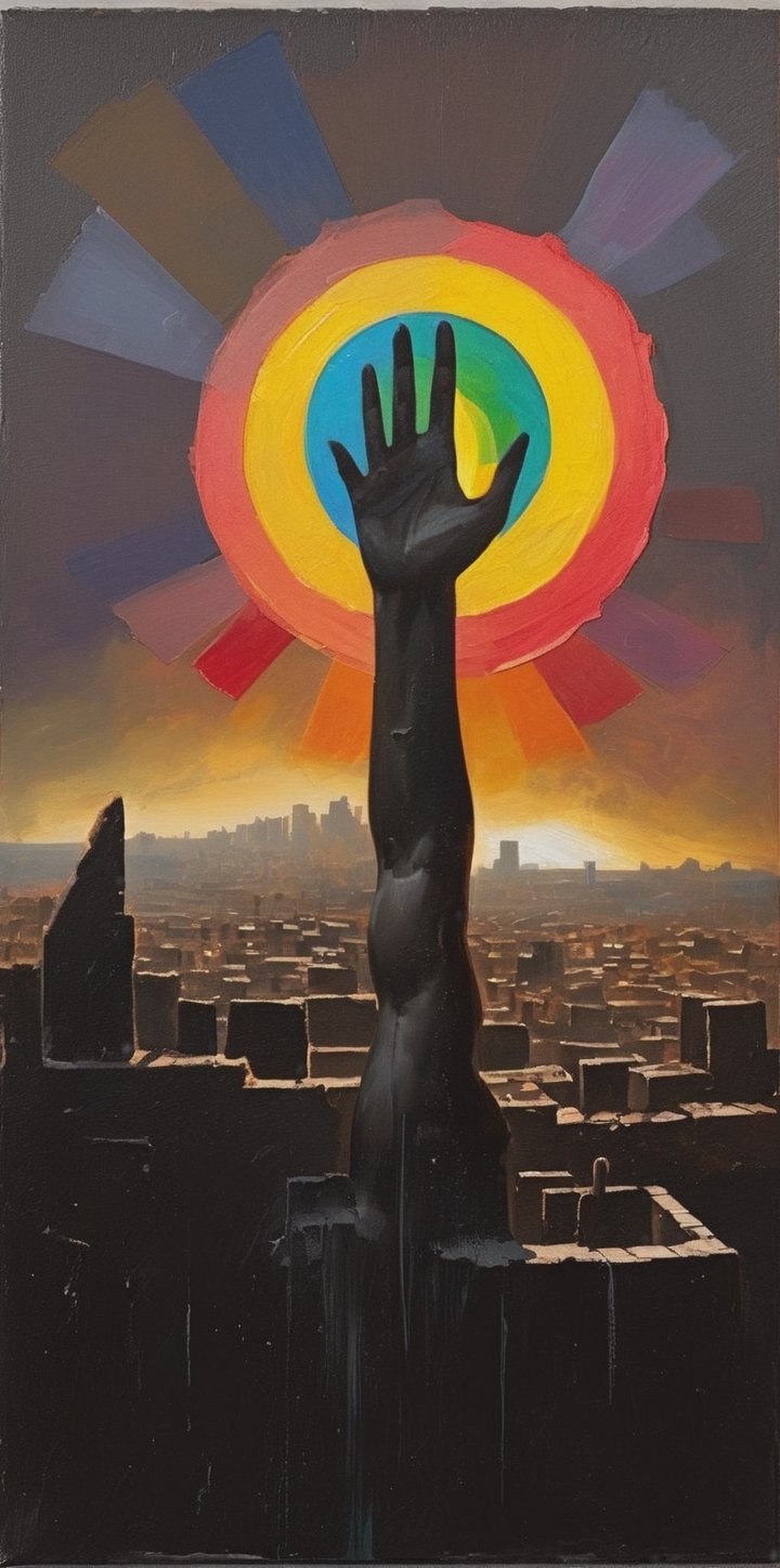  
high above in the sky image of a small sun with a black hand over shadows sun the sun, a rainbow of colors surrond the sky into the black canvas sky, sun overlooking the shadow of a ruined city

oil painting of geometric shapes and abstaction
