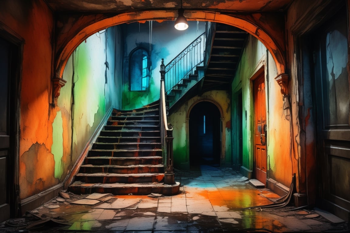 a ruined building entrance with twin stairs on both sides, grungy interior, orange light bulb, green, red and blue colors saturated and cinematic lighting, gothic ink style,painting with water colors,watercolor, black ink lines
