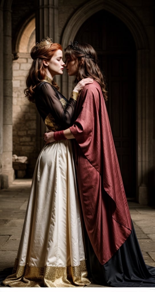 hyper-realistic, Jessica Chastain and Natalia Dyer, wearing a flowing black royal dress with gold trim, plunging neckline, wearing a long flowing black cape, wearing an intricate royal crown, kissing eachother, in a castle, stern facial expression, kubrick stare, holding a scepter, pressing bodies against eachother, orgasm face, sex, lesbian, love, caressing, undressing eachother,